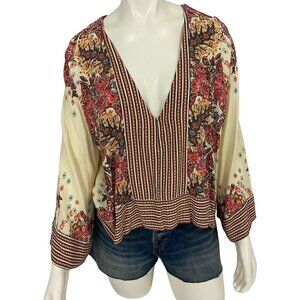 Free People Women's Boho Blouse Top Cropped Long Sleeve Floral Pattern Size L